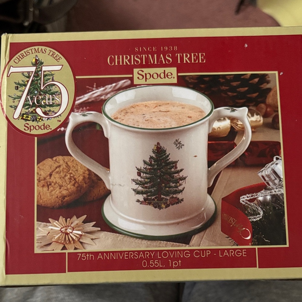 NIB Spode Christmas Tree Loving Cup 75th Anniversary with Green and Gold Accents